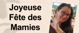 Femme à lunettes qui fait un coeur avec ses doigts. Texte : "Joyeuse fête des mamies - Dimanche 02 Mars 2025"