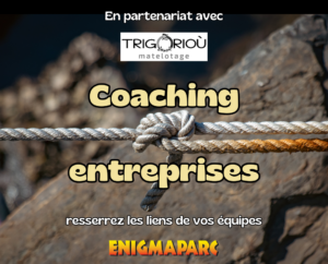 Noeud marin reliant plusieurs cordes entre elles. Texte : "En partenariat avec Trigorioù matelotage - Coaching entreprises - Resserrez les liens de vos équipes - ENIGMAPARC"