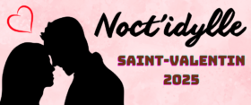 Silhouettes d'un homme et d'une femme enlacés sur un fond rose avec des coeurs. Texte : "Enigmaparc - 14 et 15 février 2025 - Noct'idylle - Saint-Valentin 2025"