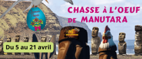 Statues de moais avec une sterne tenant un oeuf de Pâques. Texte : "Enigmaparc et Nounouadom - du 5 au 21 avril - chasse à l'oeuf de Manutara"