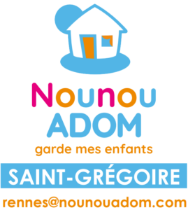 Logo bleu, orange et rose avec un dessin de maison. Texte : "Nounou Adom garde mes enfants - Saint-Grégoire - rennes@nounouadom.com"